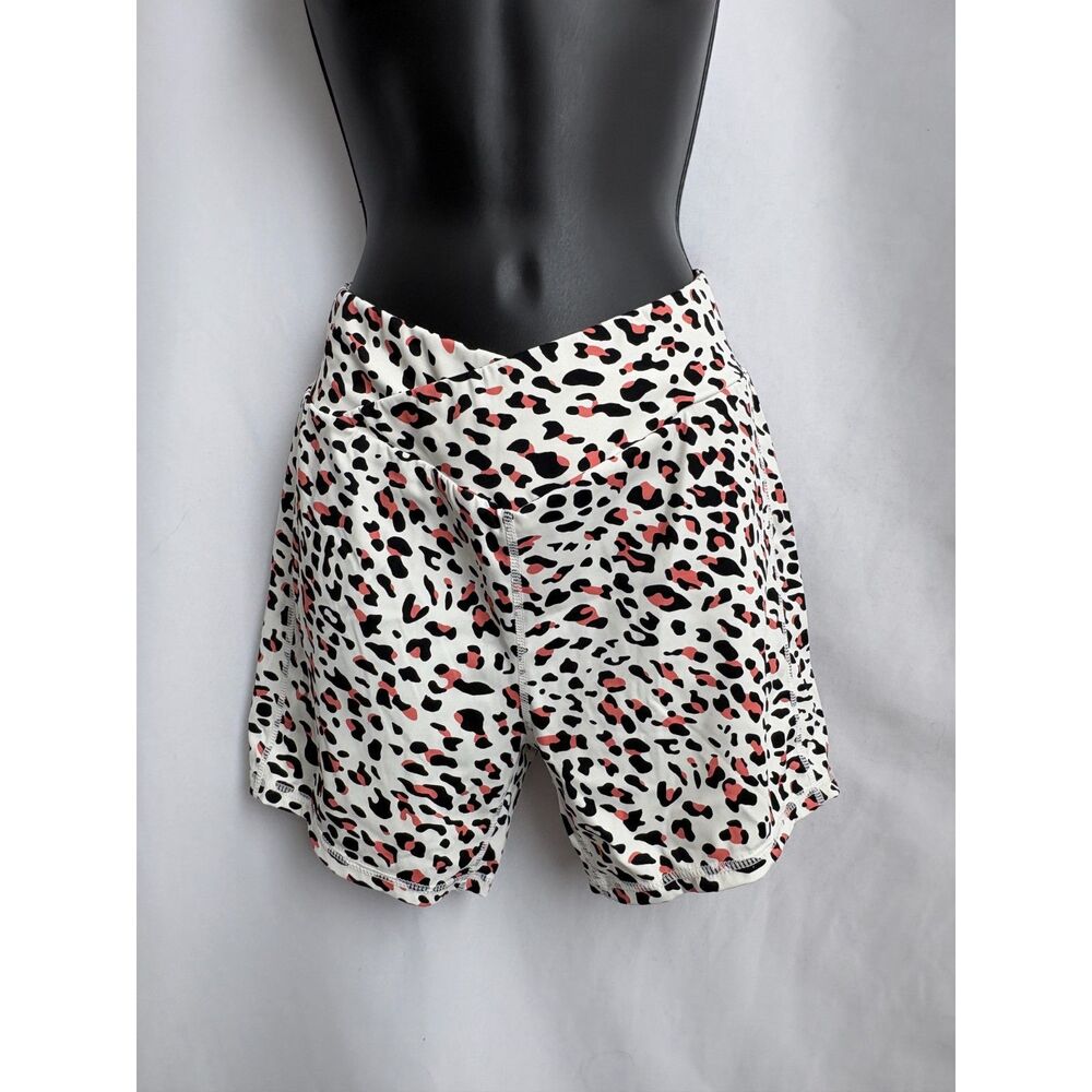 SHEIN White Leopard Print Bike Shorts with Black and Pink Spots
